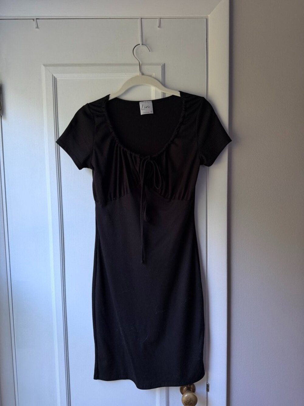 Livi By Olivia Rae Black Ribbed Milkmaid Mini Dress Short Sleeve Tie